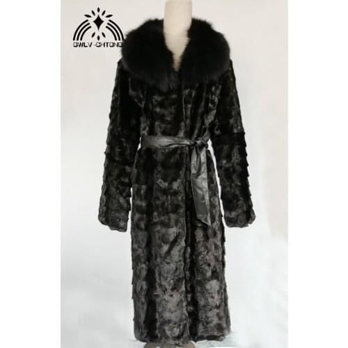 New genuine real natural mink fur coat with fox fur collar womens x-long jacket ladies long outwear overcoat warm winter