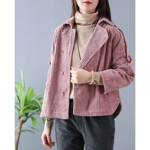 QPFJQD Women Autumn Winter Japanese Harajuku Style Loose Corduroy Jacket Casual Square Collar Warm Cotton Outerwear Coats Pocket