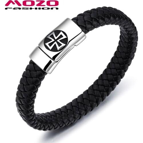 Hot Sale Fashion Jewelry Black Leather Bracelet Stainless Steel Punk Cross Magnet Buckle High Quality Male Angle Bangles