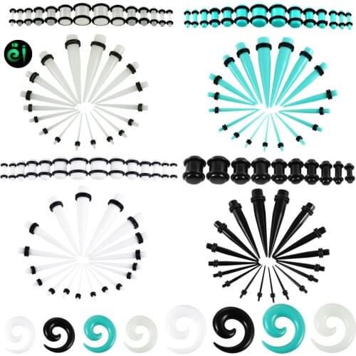 54pcs/lot Acrylic Ear Gauge Kits Glow in the Dark Spiral Taper Straight Plugs Tunnel 14G-00G Ear Stretching Kit Piercing Jewelry