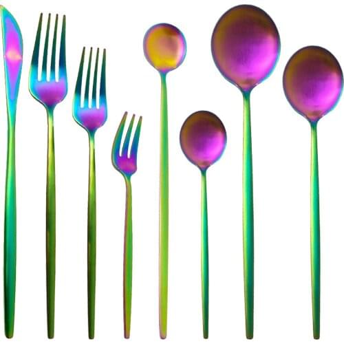 Tableware Matte Colorful Stainless Steel Cutlery Set Rainbow Home Kitchen Dessert Fork Spoon Knife Dinnerware Set Dropshipping
