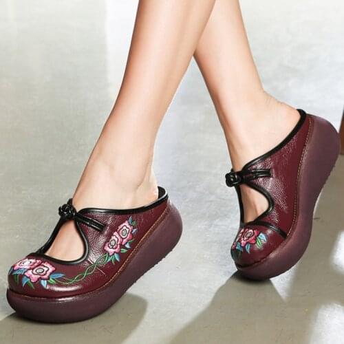 Embroidery Sandals Summer Genuine Leather Shoes Handmade Slides Flip Flop Platform Clogs for Women Wedges Shoes Zapatos De Mujer