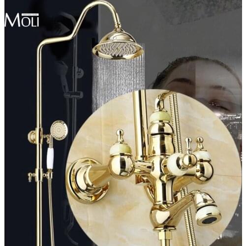Bathroom Rain Shower Faucets Gold Brass Bathroom Shower Mixer Tap Faucet Set Head Round Wall Mounted Bathtub Faucet MOS2008