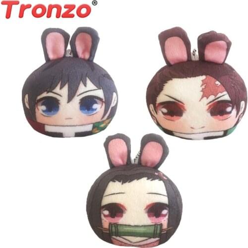 Tronzo 10cm Demon Slayer Kimetsu no Yaiba Kamado Tanjirou Nezuko Zenitsu Giyuu Plush Rabbit Ear Dolls Ornaments Decoration Toys
