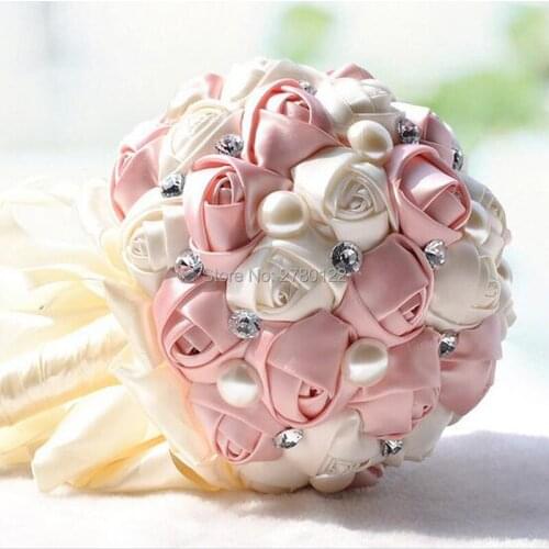 In Stock Gorgeous Beaded Crystal Wedding Bouquet Artificial Sapphire Ivory Rose Bridesmaid Flower Pearl Bridal Bouquets