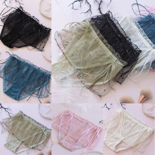 Japanese Women Sexy Sheer Mesh Panties Low Rise Ruffles Lace Shiny Stripes Briefs Underwear Lolita Princess Bow Lingerie