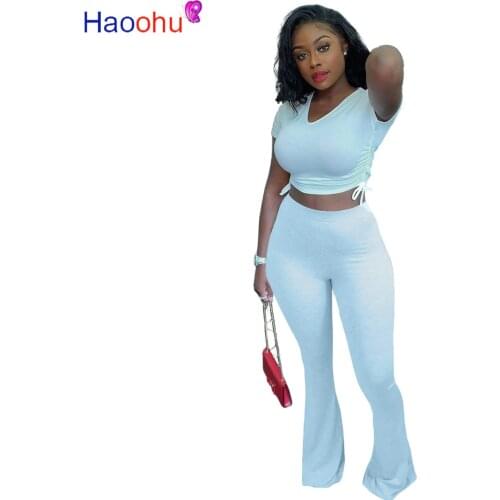 HAOOHU Women Tie Up Stacked Short Sleeve T-shirt Flare Jogger Pants Suit Active Wear Tracksuit Two Piece Set Fitness Outfits