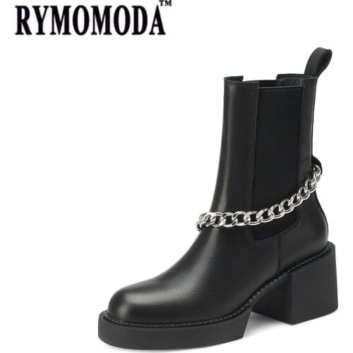 RYMOMODA Womens Handmade Cow Leather Ankle Boots 2021 Elastic Band Chunky Heel Geunine Leather Mid-Calf Boot Winter Shoes 41