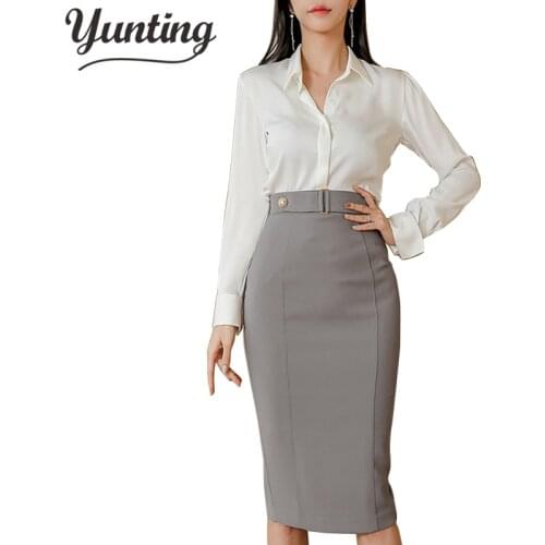Womens 2 Pieces Suits White Long Sleeve Shirt Crop Top + Sheath Pencil Skirt Occupation Set
