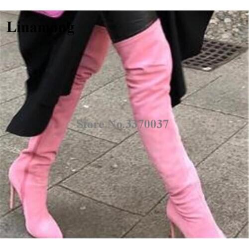 Ladies Sweet Pointed Toe Suede Leather Over Knee Stiletto Heel Boots Pink Bandage Slim Long High Heel Boots Club Shoes
