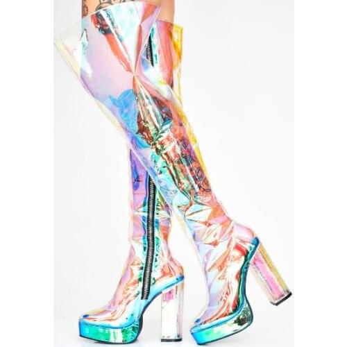 Moraima Snc Sexy Transparent PVC Patchwork Thick Heels Long Boots Woman Round Toe Platform Thigh High Boots Punk Runway Shoes