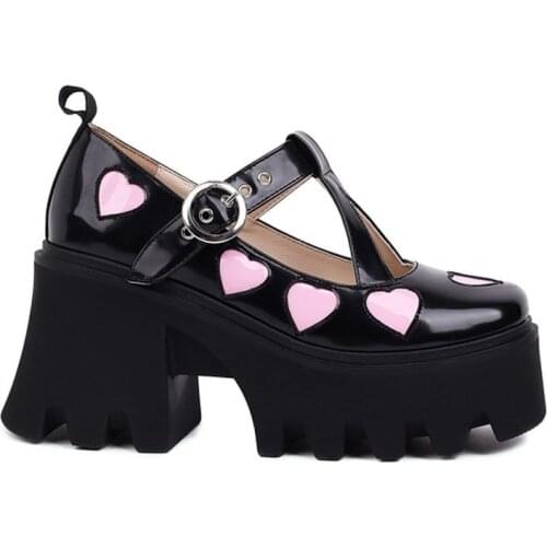 Womens Platform Heart T-Straps Creepers Chunky High Heel Oxfords Shoes Punk Retro British Styles Black Harajuku New 2022