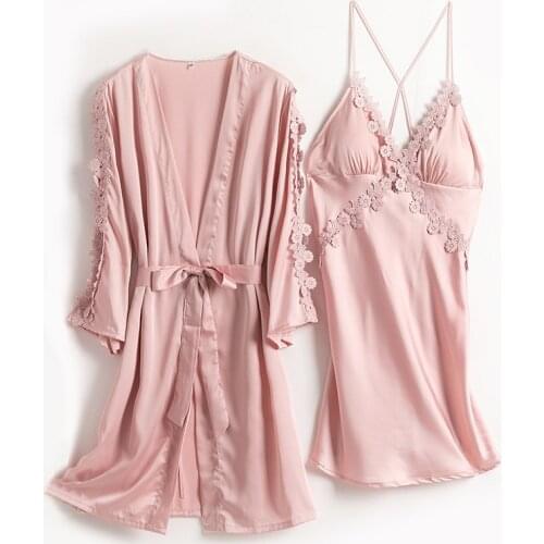 Women Sexy Pink Satin Lace Bathrobe Night Dress Casual Nightgown Rayon 2PCS Bride Bridesmaid Wedding Robe Gown Sleepwear