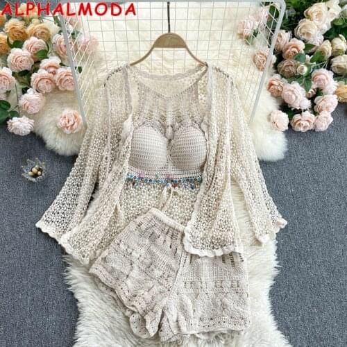 ALPHALMODA 2021 Summer Women Crochet Hollow Cardigans Jacket + Tassel Vest + shorts Beach Holiday Styles Clothes Set