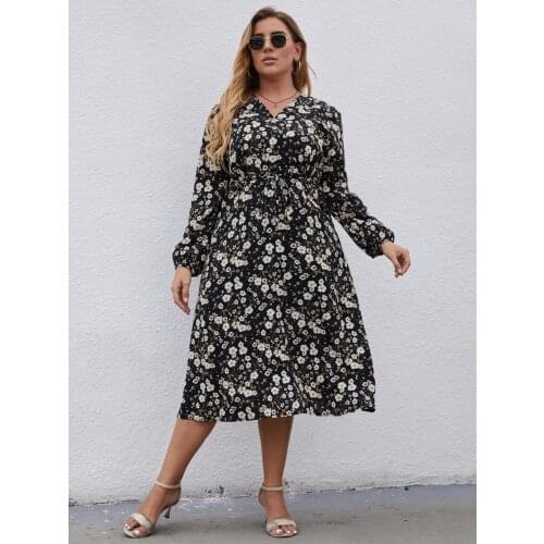 2021 Korean Fashion Women Dress Long Sleeve V Neck Floral Print Casual Dress High Waist White And Black Plus Size Women Clothing