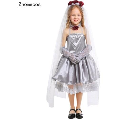 Zhomecos Girls Silver Gray Corpse Bride Cosplay Costume Angel Dress Kids Halloween Party Carnival Costume Fancy Dress