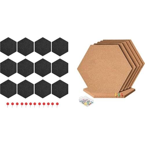 1 Set Felt Memo Board Decorative & 1 Set Hexagon Cork Board Tiles Self Adhesive Thick Corkboards