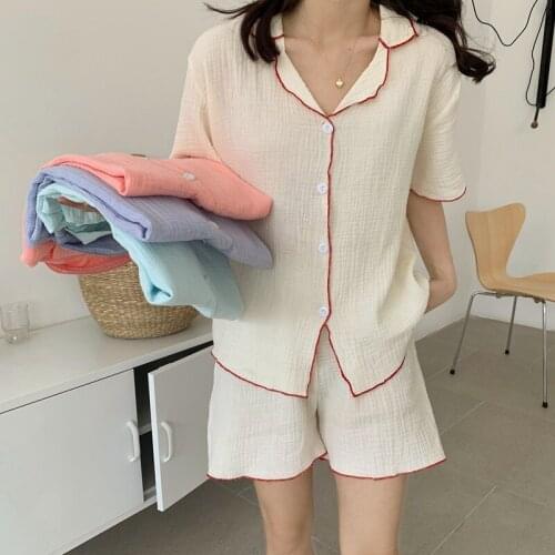 2021 Summer Short Sleeve 100% Cotton Pajama Set for Women Korean Shorts Sleepwear Suit Pyjama Homewear Pijama Mujer Home Clothes