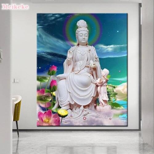 Full Drill 5d Diamond Painting Buddha Statue Guanyin Mosaic DIY Diamond Embroidery Lotus Cross Stitch Home Decorative Craft