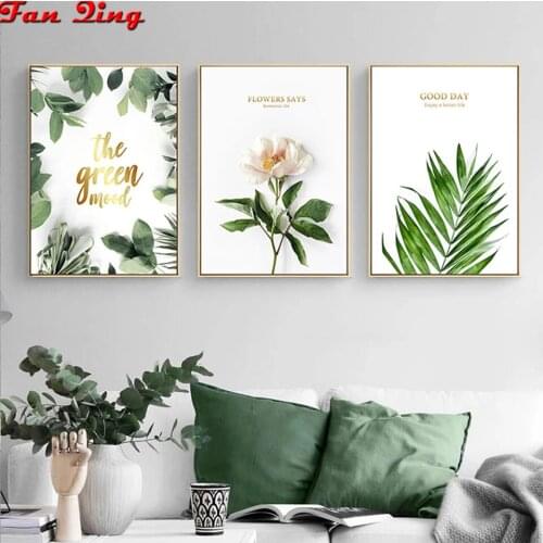 Diamond Painting Nordic Decoration Green Leaf Plant Flowers Full Square/Round 5D Diy Rhinestone Embroidery Cross Stitch Mosaic