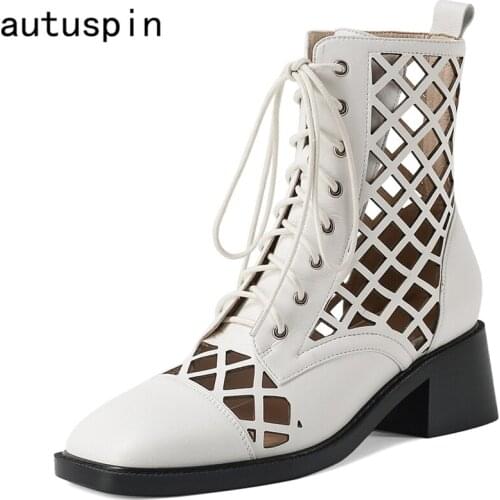 Autuspin Early Spring Fashion Leather Women Motorcycle Boots Square Toe Knight Short Boot Shoes Party Dating Breathable Shoes