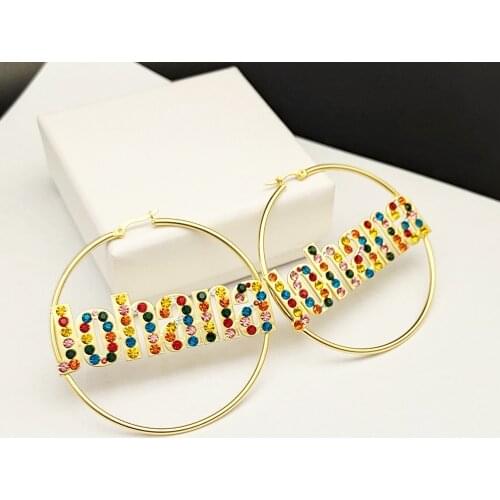 DODOAI Bling Name Earrings Colored Diamond Hoop Earring Custom Name Earrings with Color Rhinestones Circle Point Diamond Jewelry