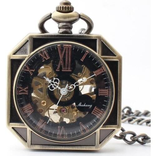 Hot Sell Vintage Bronze Octagon Mechanical Pocket Watch Roman Dial Christmas Gift Watch 10pcs/lot Wholesale