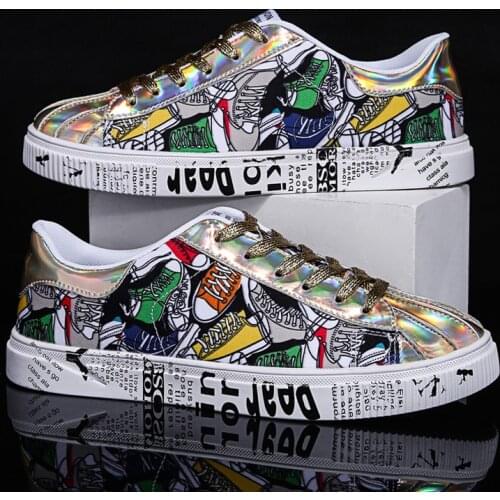 Womens Fashion Printing Glitter Flat Shoes Womens Comfortable Morrors Casual Sneakers Womens Shiny Vulcanize Shoes Zapatos Muje