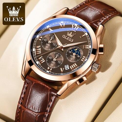 Hot Selling OLEVS Business Mens Watch Top Brand Luxury Waterproof Quartz Leather Strap Chronograph Moon Phase Mens Watch 2871