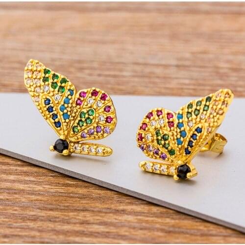 New Design Fashion Gold Color Rainbow Micro Pave CZ Cute Butterfly Stud Earring For Women Fashion Earring Zirconia Jewelry