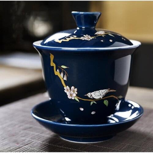 Pastrol Blue Bird Gaiwan Ceramics Handmade Painting Little Bird Ceramic Pattern Tea Tureen Teaware Accessories Tea Bowl