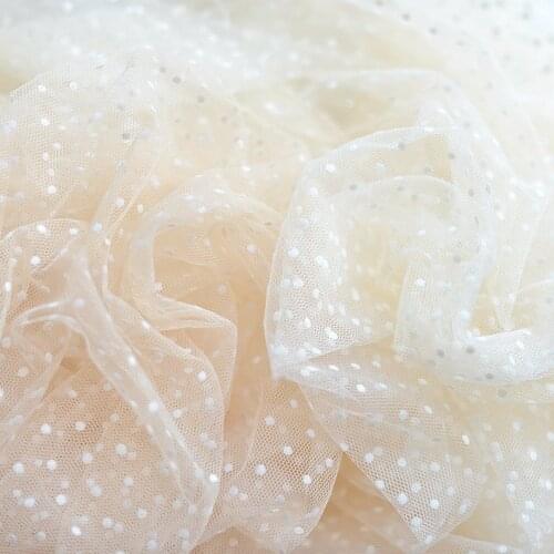 Peach Pink Tulle Lace Fabric With Velvet Polka Dots Off White
