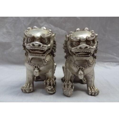 Song voge gem S2555 Chinese Silver FengShui Foo Fu Dog Animals Bronze Door Lion Ball Statue Pair