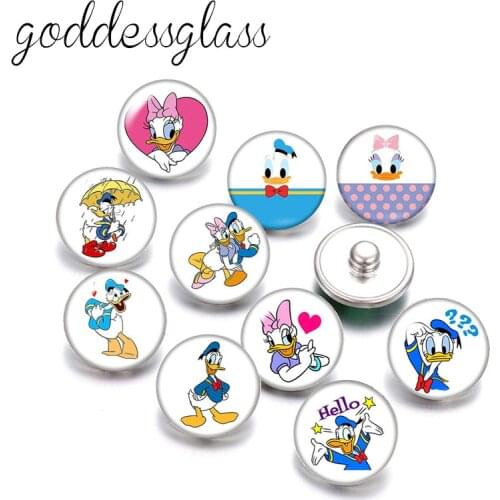 Disney Cute Donald Daisy Duck cartoon 10pcs Round photo glass 18mm snap buttons for 18mm snap bracelets jewelry wholesale