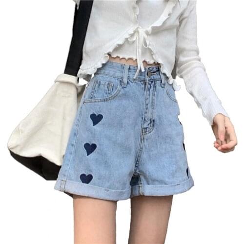 Women Shorts Casual Wide Leg Heart shape embroidery Summer High Waist wide leg Loose Shorts Streetwear 2021
