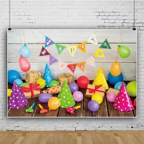 Birthday Hat Balloon Gift Wooden Backdrop Children Party Room Table Decoration Photography Newborn Bath Custom Vinyl Background