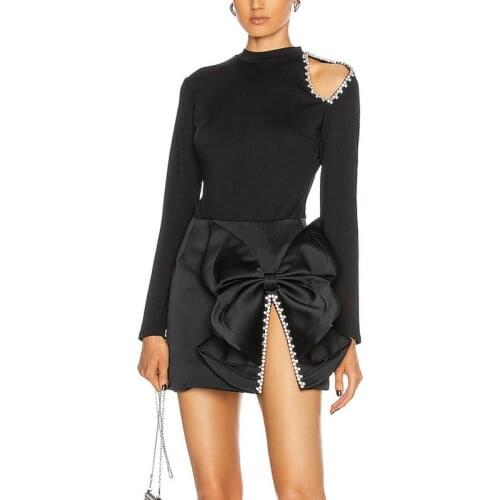 Fashion Women Short Mini Skirt With Big Bow Slit Spling Crystal Decoration Sexy Lady Party Wear Solid Black and Blue Saia Jupe