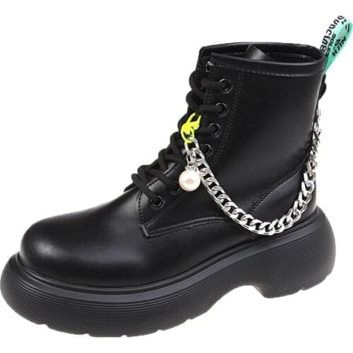 Chunky Heel Platform Boots Female Leather Gothic Black Boots Women Heel Sexy Chain Punk Style Ankle Boots Lace up Plus Size