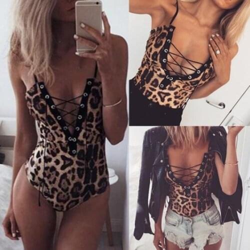 Women Sleeveless V-neck Lace up Leopard Print Bodysuit Ladies Leotard Tops Sexy Jumpsuit Body Suit