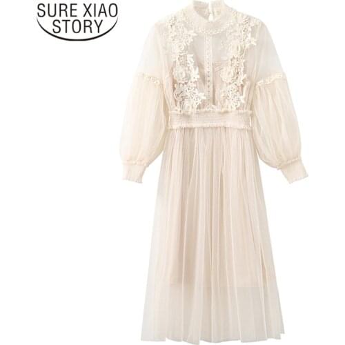 2021 Lantern Sleeve Mesh Long Dress Female New Women Lace Flower Dress Women Two Piece Set Retro Hook Dresses Vestidos 12041