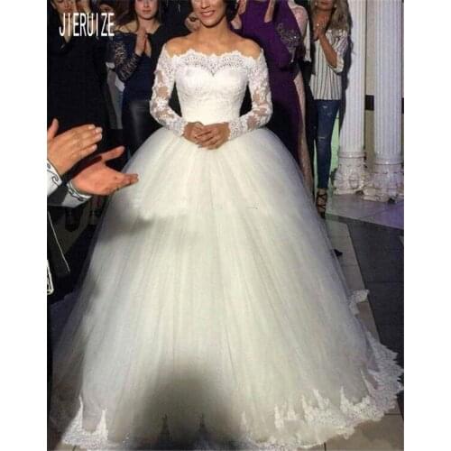 JIERUIZE Unique Ball Gown Wedding Dresses Off Shoulder Bateau Neck Long Sleeves Lace Tulle Wedding Bridal Gowns Vestido De Novia