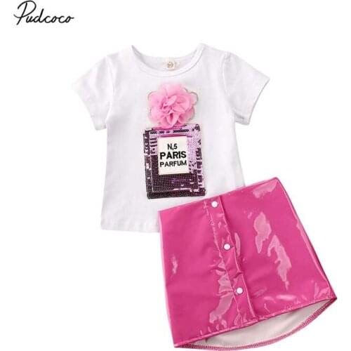 2020 New Fashion 3D Flower Tops Tee Leather Skirt Girl Clothing 0-5Y Toddler Kids Summer Outfits Clothes Sweet 2Pcs Set
