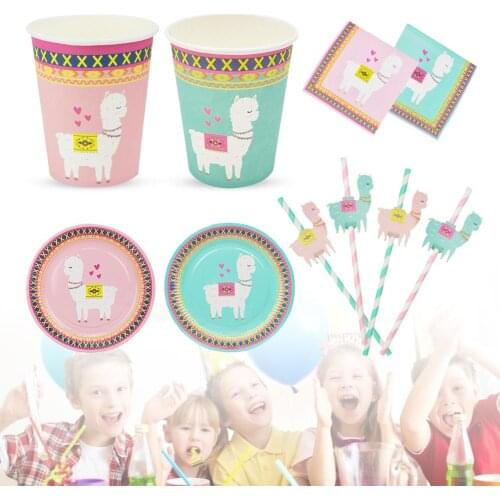 8PCS Alpaca Paper Cup Set Disposable Pink Light Green Tableware Paper Straw Plate Cup Suit Birthday Party Decorations Kids