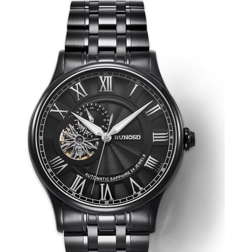 RUNOSD Mens Watch Black Stainless Steel Sports Fashion Hollow Design Miyota Automatic Mechanical Movement Mens Watch Sapphire