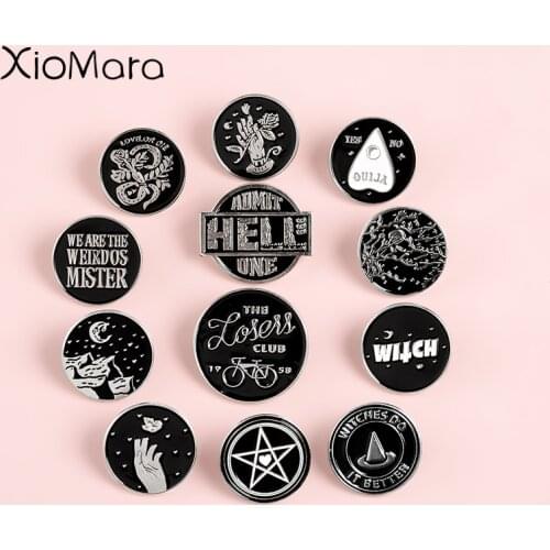 Punk Black Round Enamel Pins Collections Halloween Witchcraft Black Magic witch sorcerer wizard Badges Brooches Lapel Pins
