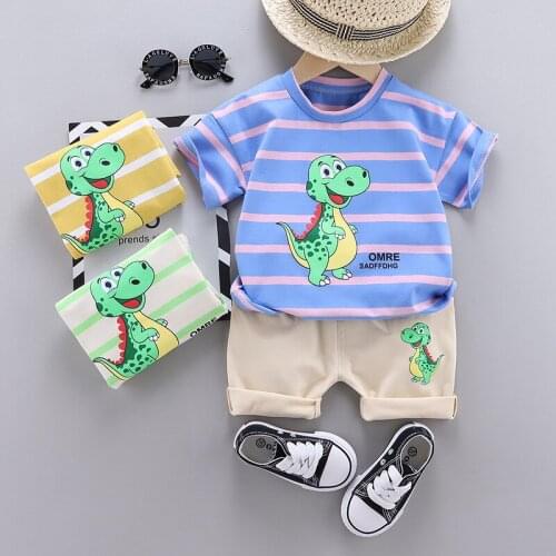 Baby Boys Cute Cartoon Dinosaur Clothing Sets 2021 Summer Kids Girls Striped T Shirt+shorts Toddler Infant Casual Clothes 0- 4Y