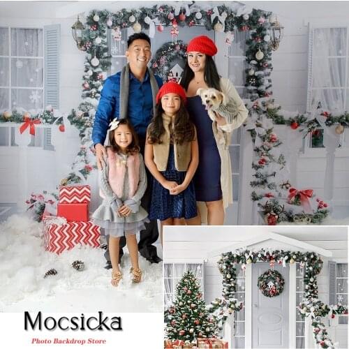 White Christmas House Photography Backdrop Xmas Tree Gift Garland Decor Winter Snowflakes Photo Props Studio Booth Background