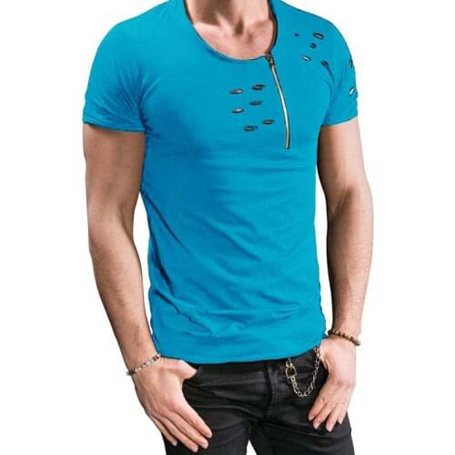 Tshirt Streetwear Slim Tops Tees Hole Ripped T Shirts Men Short Sleeve T-Shirt Fitness Summer Clothes Mens Funny Solid