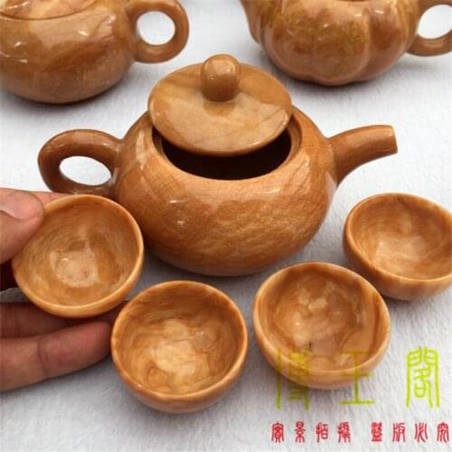 China handmade jade carving natural Yellow jade Kungfu teapots and bowls