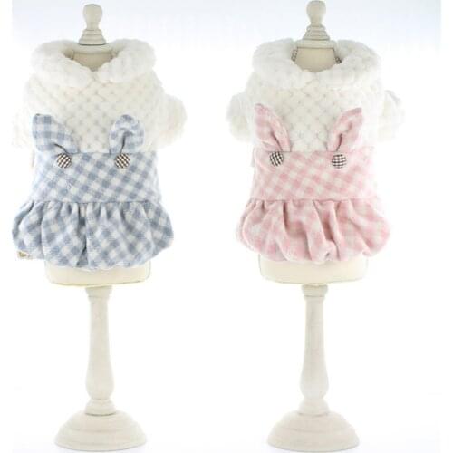 Plaid Cute Rabbit Ears Princess Puppy Dress Pet Dog Clothes for Small Medium Dogs Cats Thick Coat